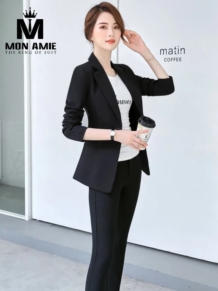 Vest Nữ Đen Một Nút Ve Chữ K Ôm Eo Phối Áo Thun Trắng