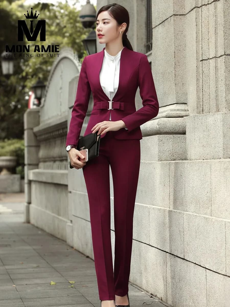 Suit Nữ Đỏ Tía Cổ V Đai Nơ Khóa Bạc Kèm Quần Ống Đứng