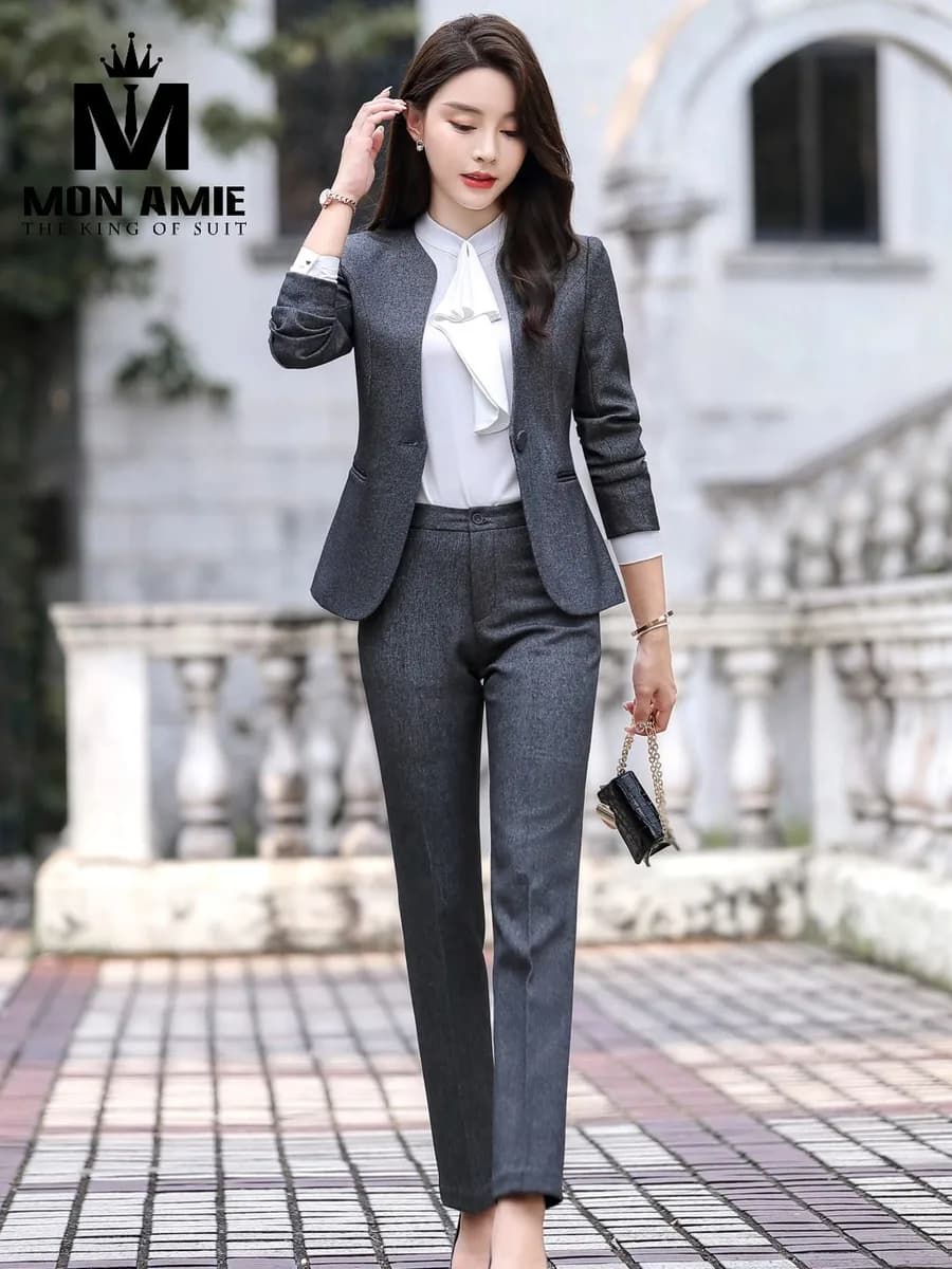 Suit Nữ Xám Ghi Vân Nhám Cổ Tròn Quần Tây