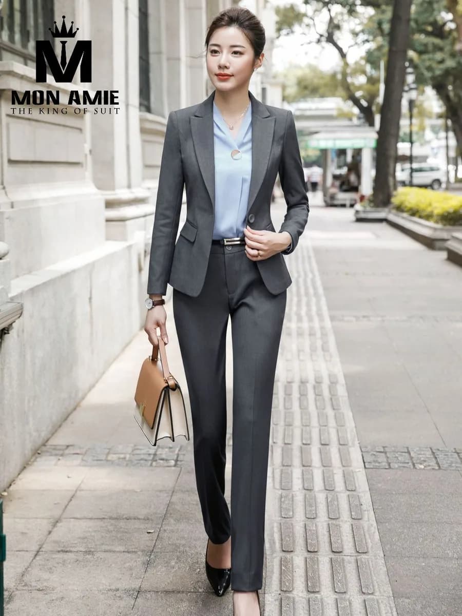 Suit Nữ Xám Đậm Ve Sam Một Nút Quần Tây Thắt Lưng
