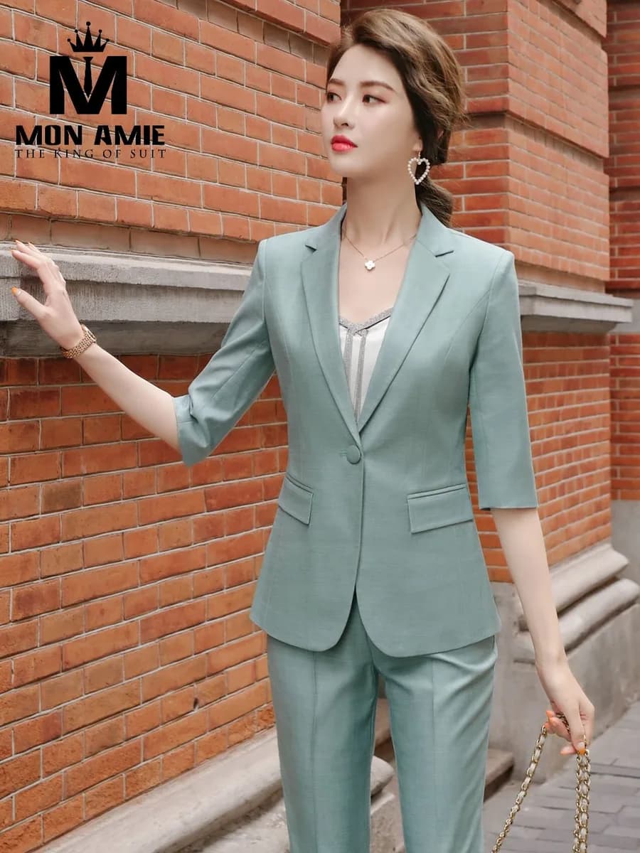 Suit Nữ Xanh Ngọc Nhạt Vải Vân Nổi Một Cúc Tay Lỡ