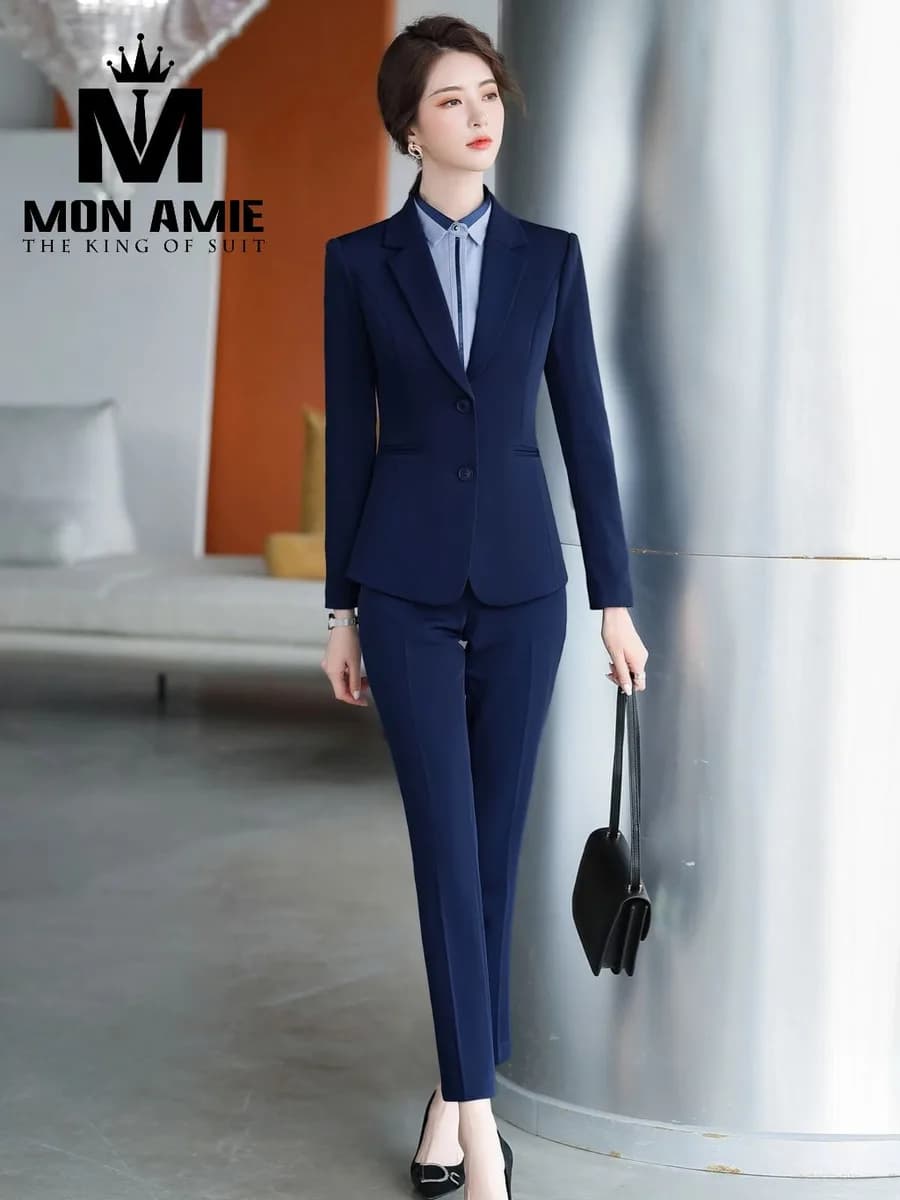 Suit Nữ Xanh Navy Hai Nút Sơ Mi Xanh Nhạt Quần Ống Đứng