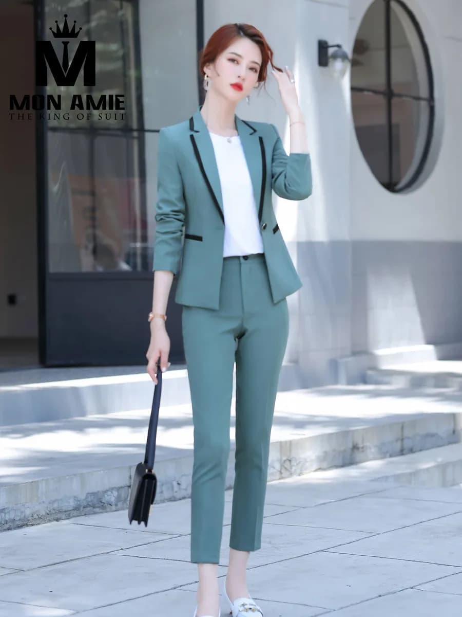 Suit Nữ Xanh Ngọc Xám Viền Đen Ve Nhọn Quần Ôm
