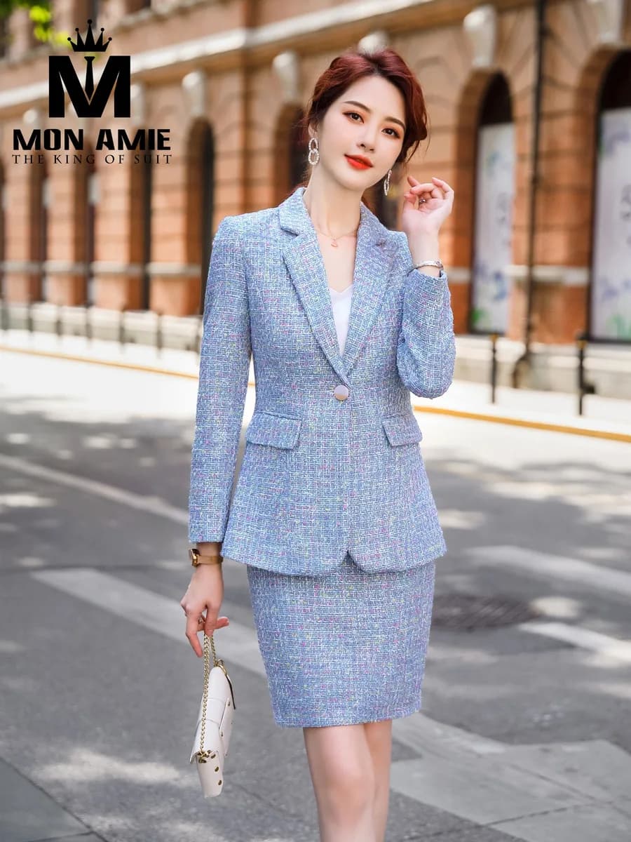 Bộ Tweed Nữ Xanh Da Trời Lấm Tấm Hồng Vàng Váy Ôm