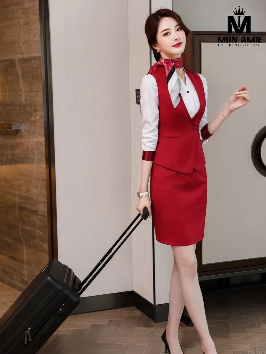 Suit Nữ Đỏ Đô Gile Cổ V Một Nút Chân Váy Ôm