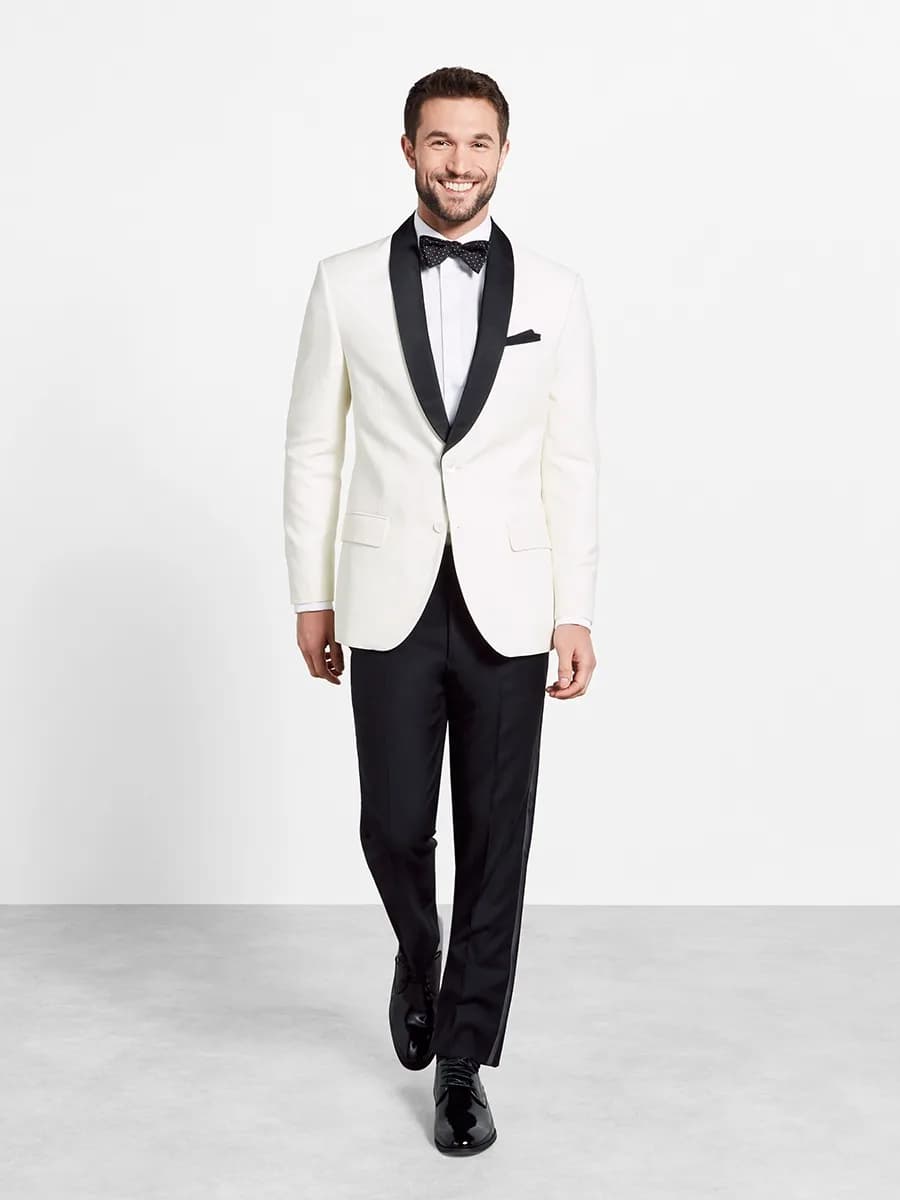 Tuxedo Trắng Ngà Hai Khuy Ve Shawl Đen Nơ Chấm Bi