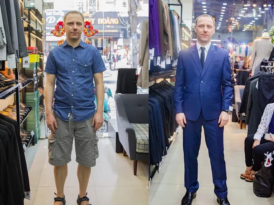 Trước: sơ mi, quần short · Sau: suit xanh dương