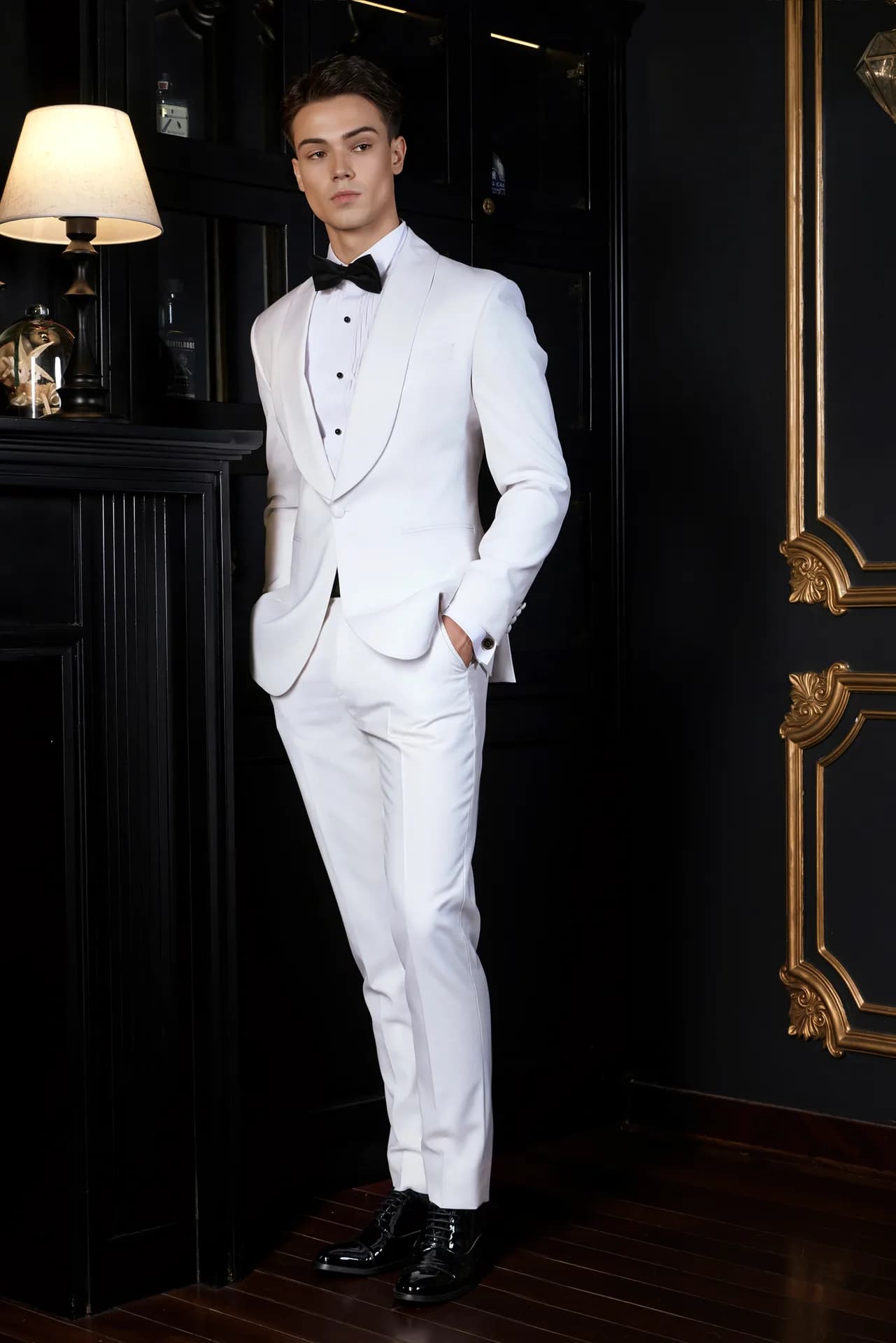 Tuxedo trắng cổ shawl, nơ đen, nổi bật trên nền gỗ đen và vàng đồng.