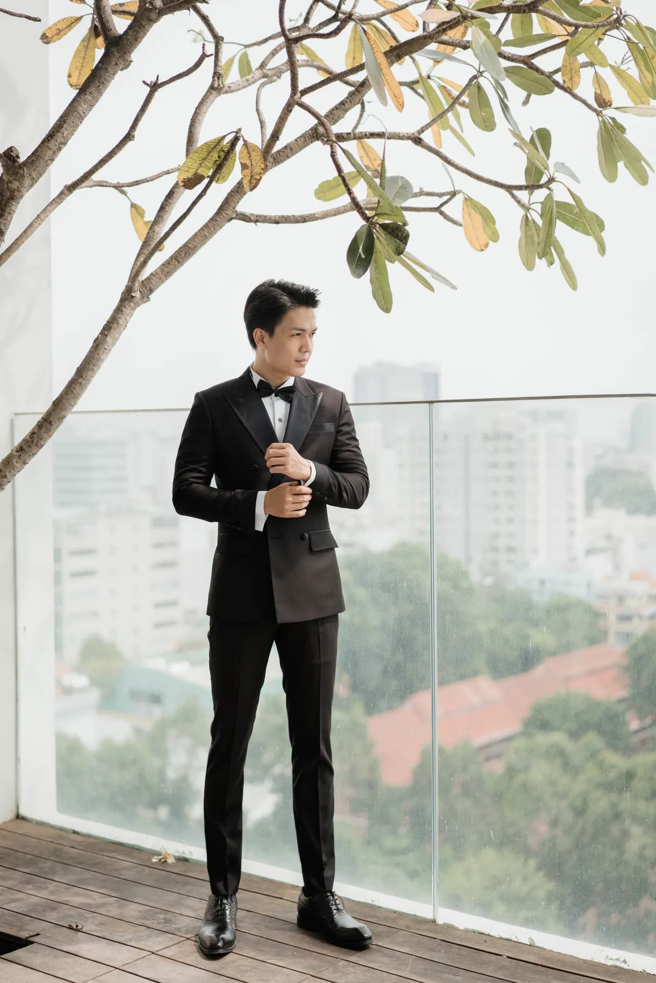 Toàn thân tuxedo đen chỉnh măng sét dưới cành hoa sứ
