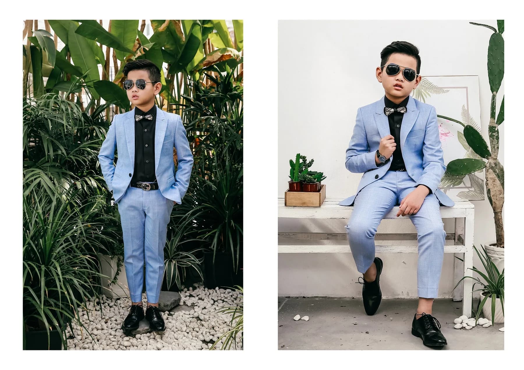 Suit xanh nhạt giữa khu vườn xanh mát và góc ghế gỗ trắng nhẹ nhàng