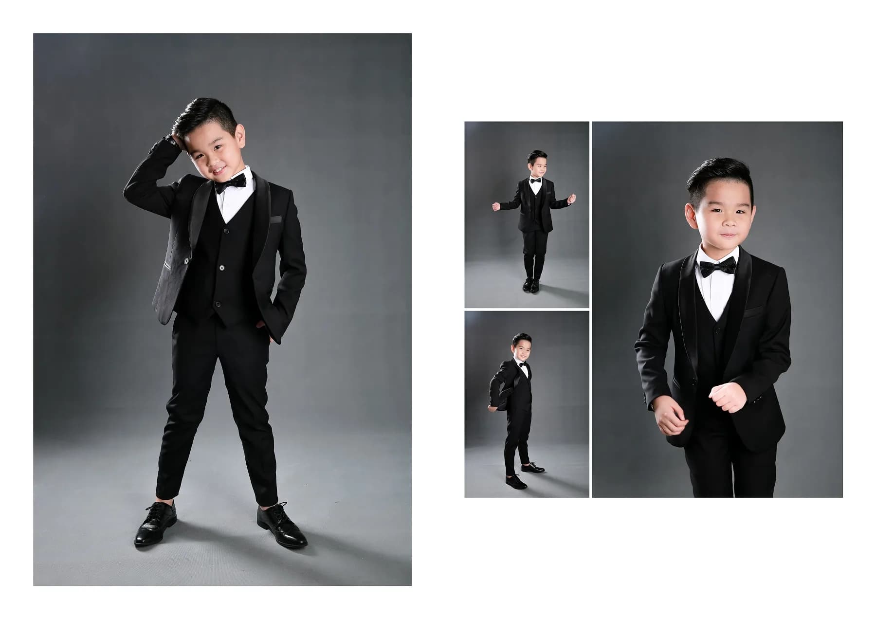 Tuxedo đen cổ ve satin, chú nhóc tinh nghịch giữa phông studio xám
