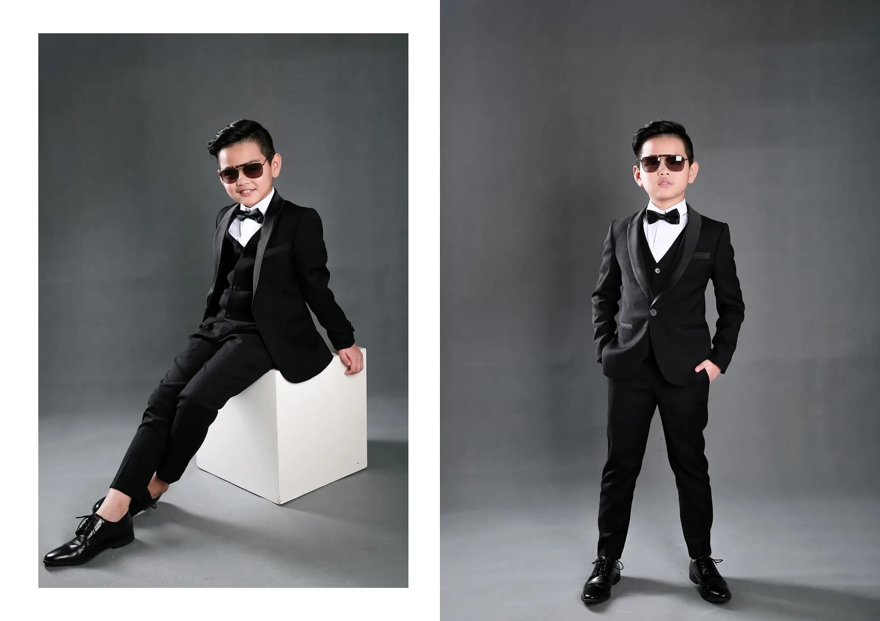 Ngồi bên khối trắng tối giản, tuxedo đen và kính râm đầy cá tính