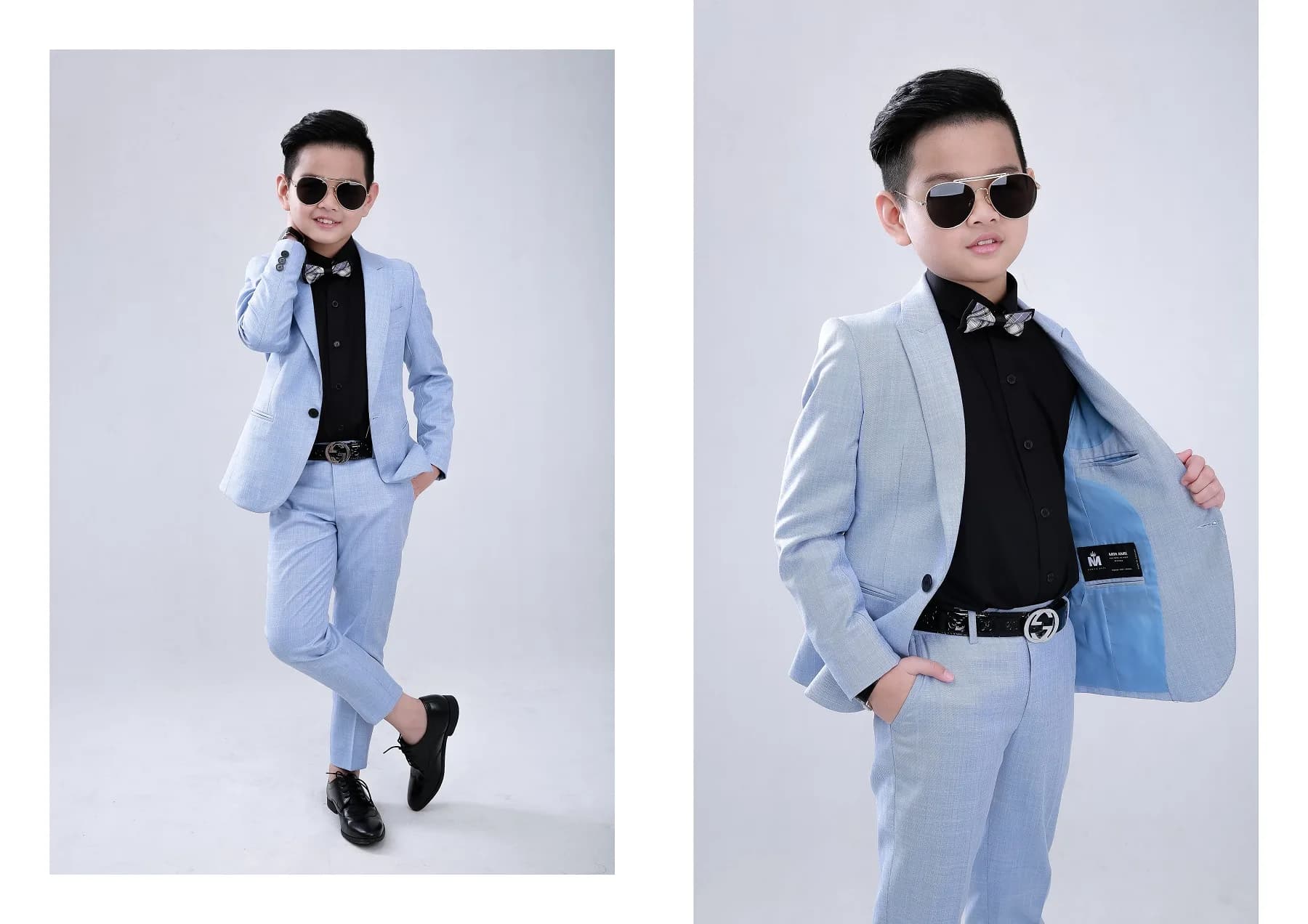 Suit xanh pastel phối sơ mi đen, nơ caro và kính phi công sành điệu