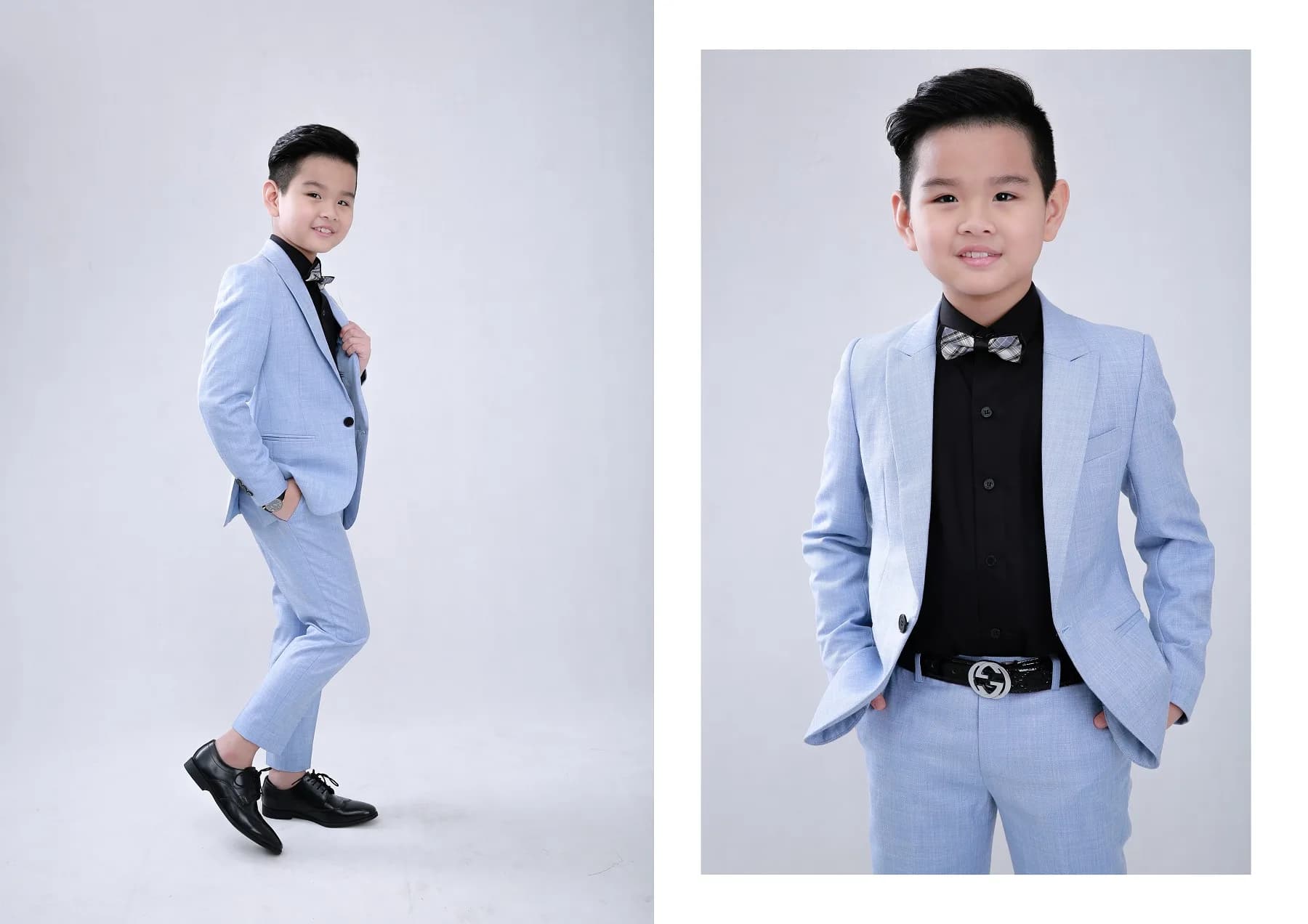 Dáng nghiêng duyên dáng và khung cận mặt trong bộ suit xanh nhạt