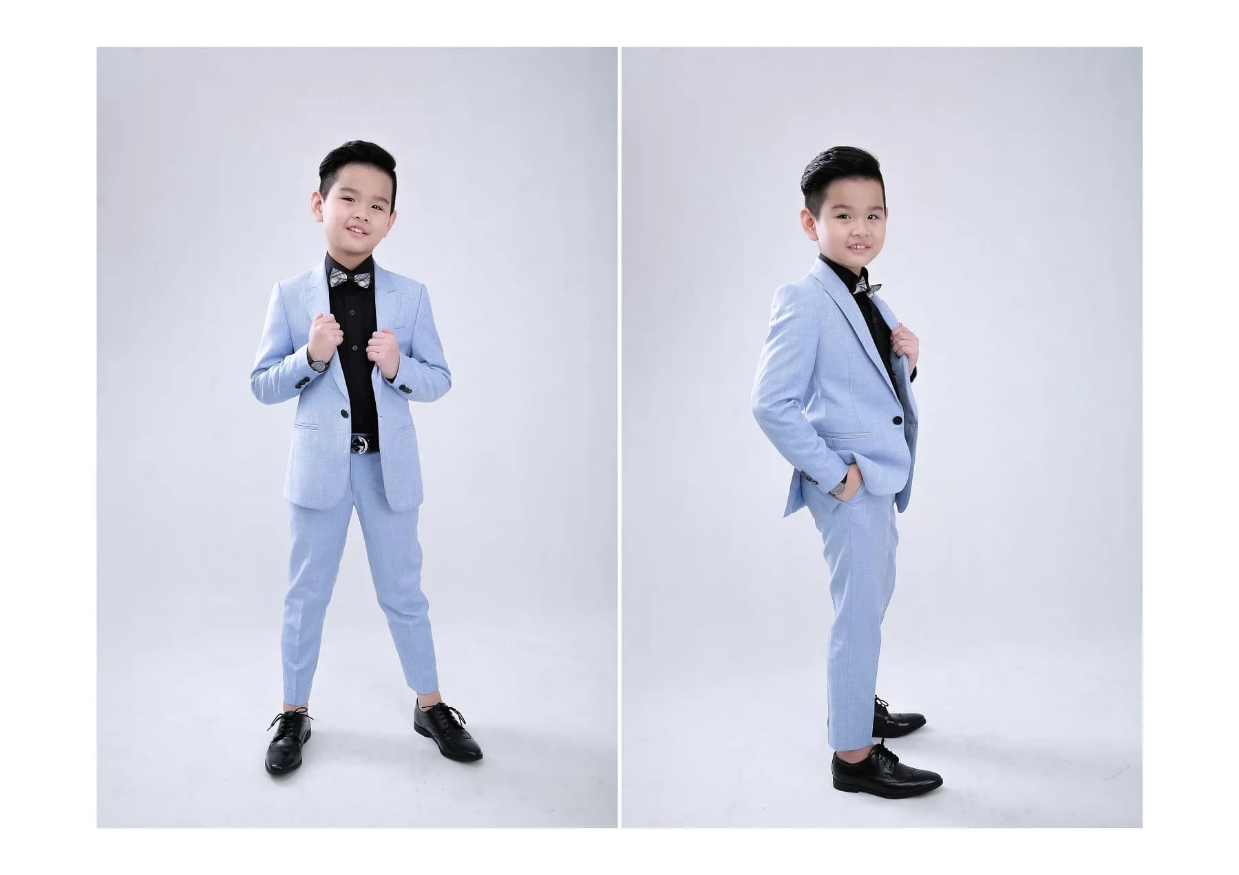 Hai dáng đứng trong suit xanh baby blue, tay nắm ve áo đầy tự tin