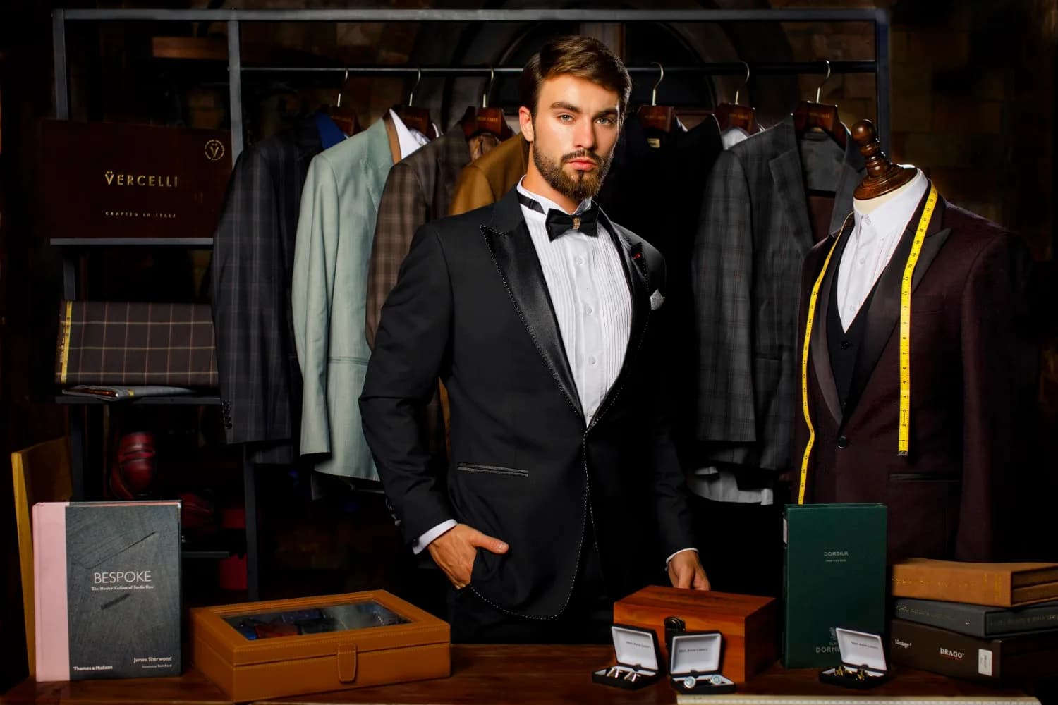 Tuxedo đen ve satin, nơ đen tại quầy may với giá treo suit phía sau, minh họa cách chăm sóc và giữ phom vest