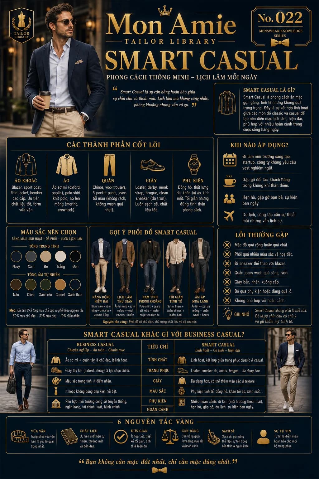Poster Tailor Library số 22 của Mon Amie về Smart Casual: thành phần cốt lõi, bảng màu, gợi ý phối đồ và so sánh với Business Casual