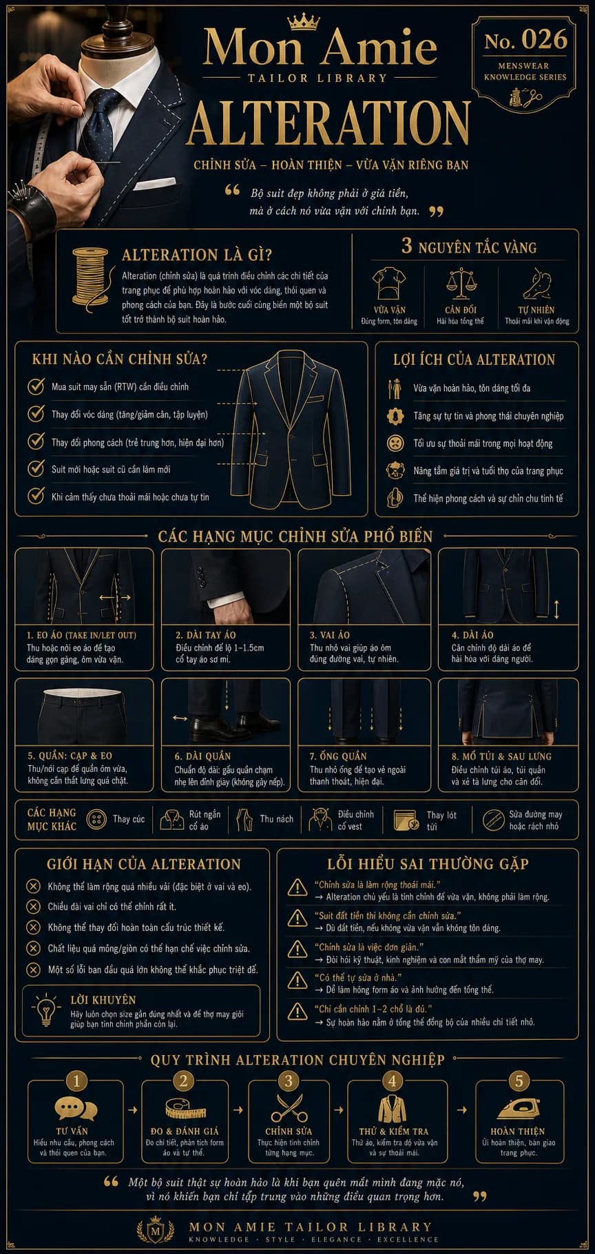 Mon Amie Tailor Library poster No. 26 on Alteration: definition, common alteration items, technical limits and the professional suit alteration process
