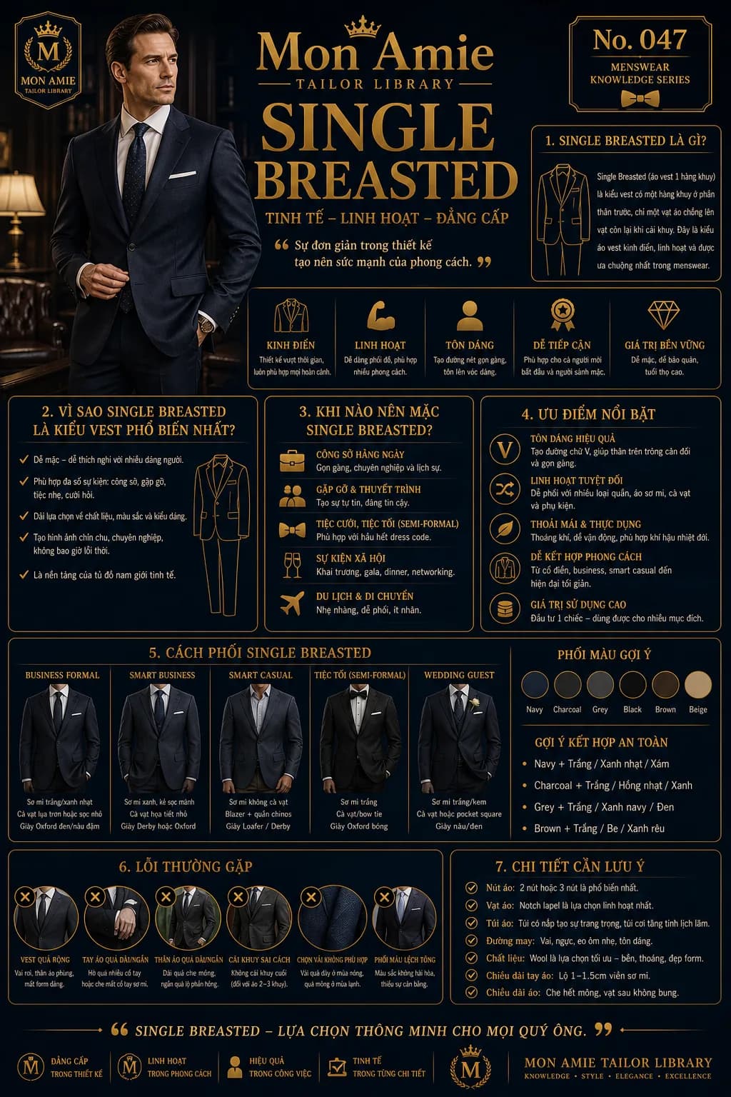 Mon Amie Tailor Library poster No. 47 on the single breasted suit: definition, occasions, combinations and common mistakes