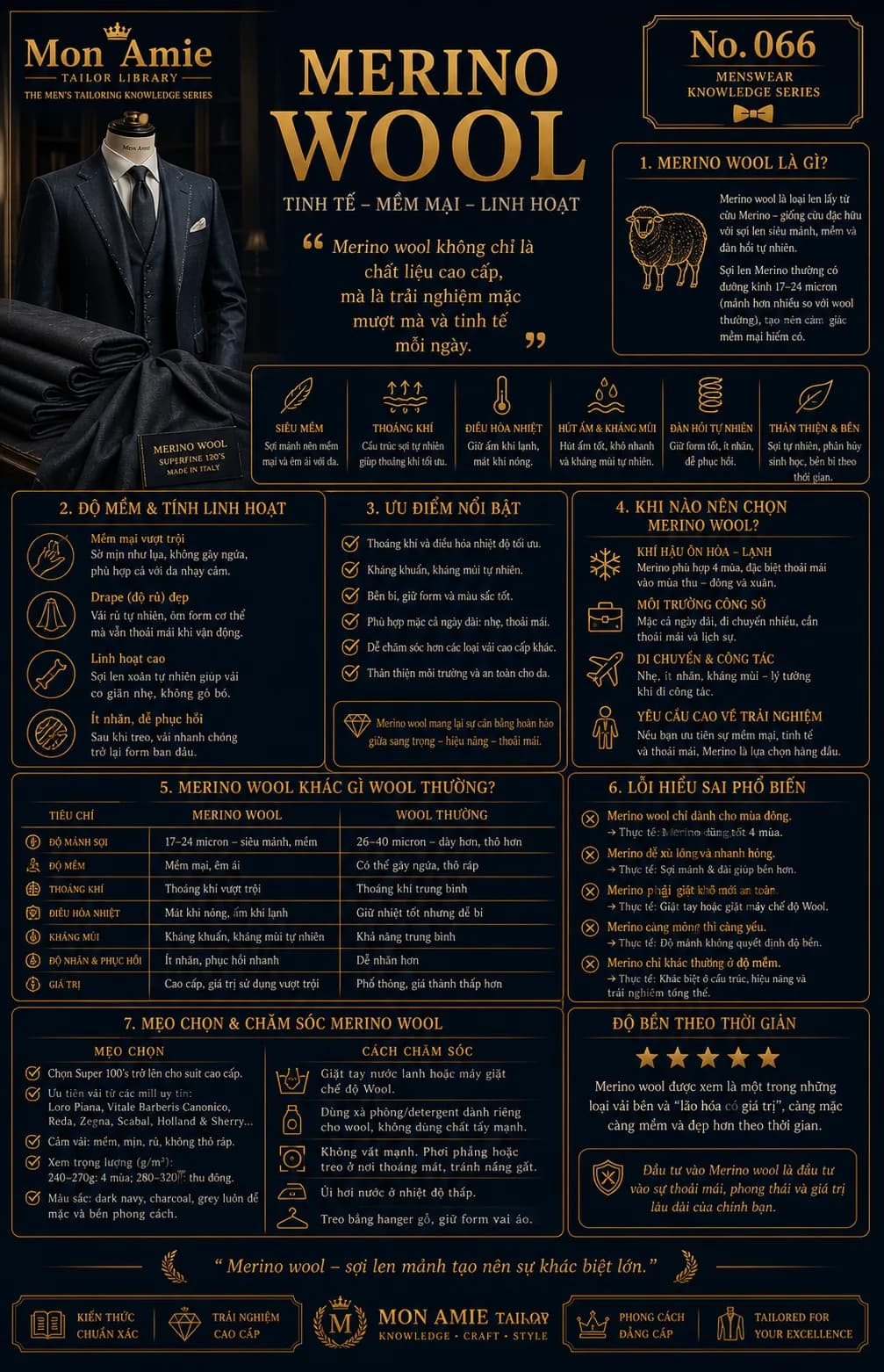 Mon Amie Tailor Library poster No. 66 on Merino Wool: characteristics, comparison with regular wool and care guidance