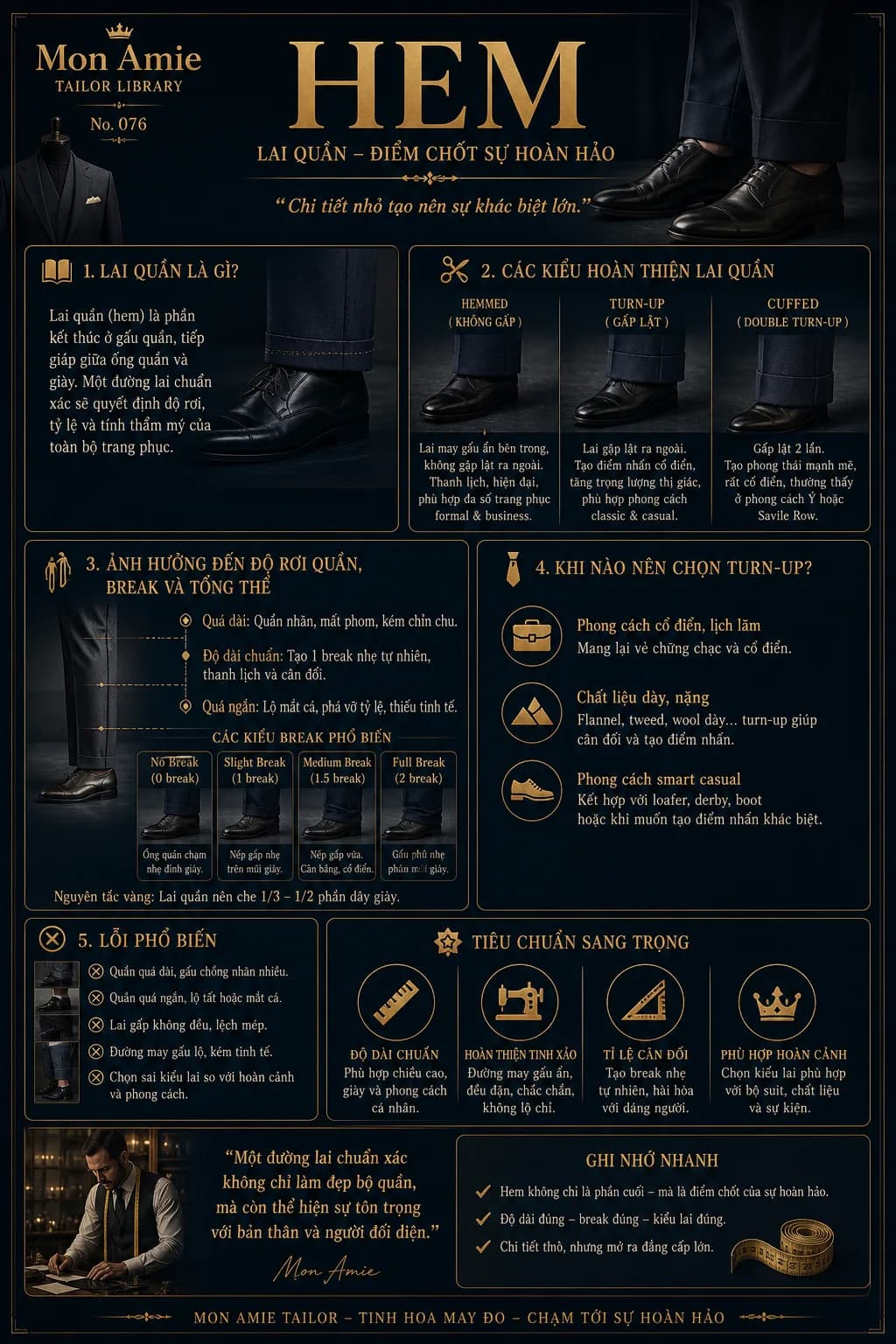 Mon Amie Tailor Library poster No. 76 on the hem: trouser finishes, break levels and common mistakes