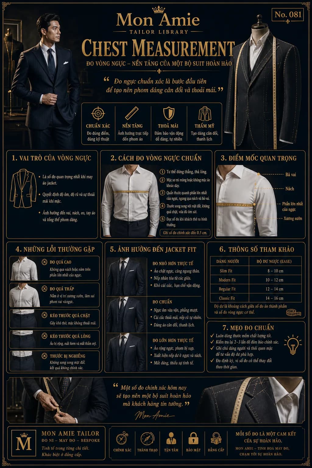 Mon Amie Tailor Library poster No. 81 on Chest Measurement: its role, correct measuring technique, common errors and ease figures for each fit