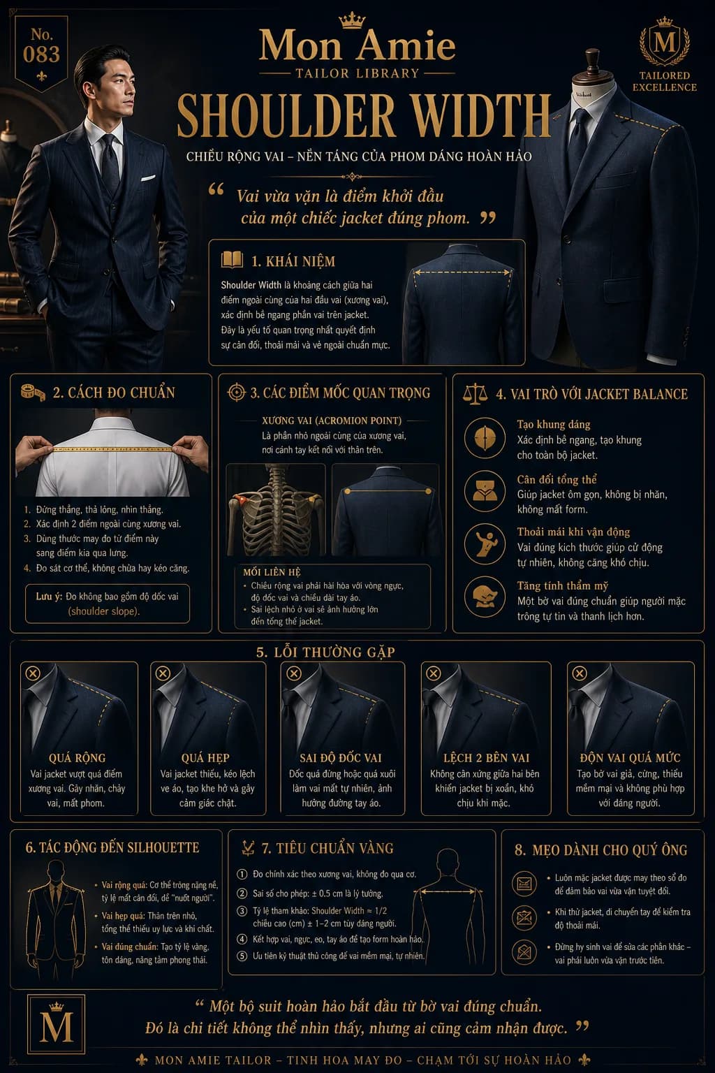 Mon Amie Tailor Library poster No. 83 on Shoulder Width: the concept, how to measure, common faults and the gold standard for shoulder width