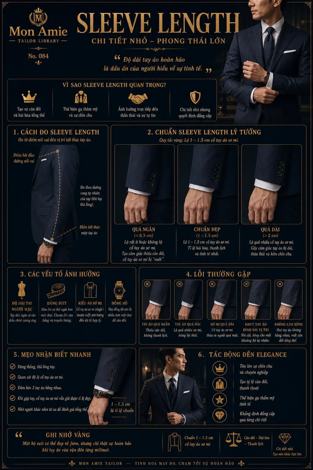 Mon Amie Tailor Library poster No. 84 on Sleeve Length: measuring a suit sleeve, the 1–1.5 cm shirt cuff standard and common faults