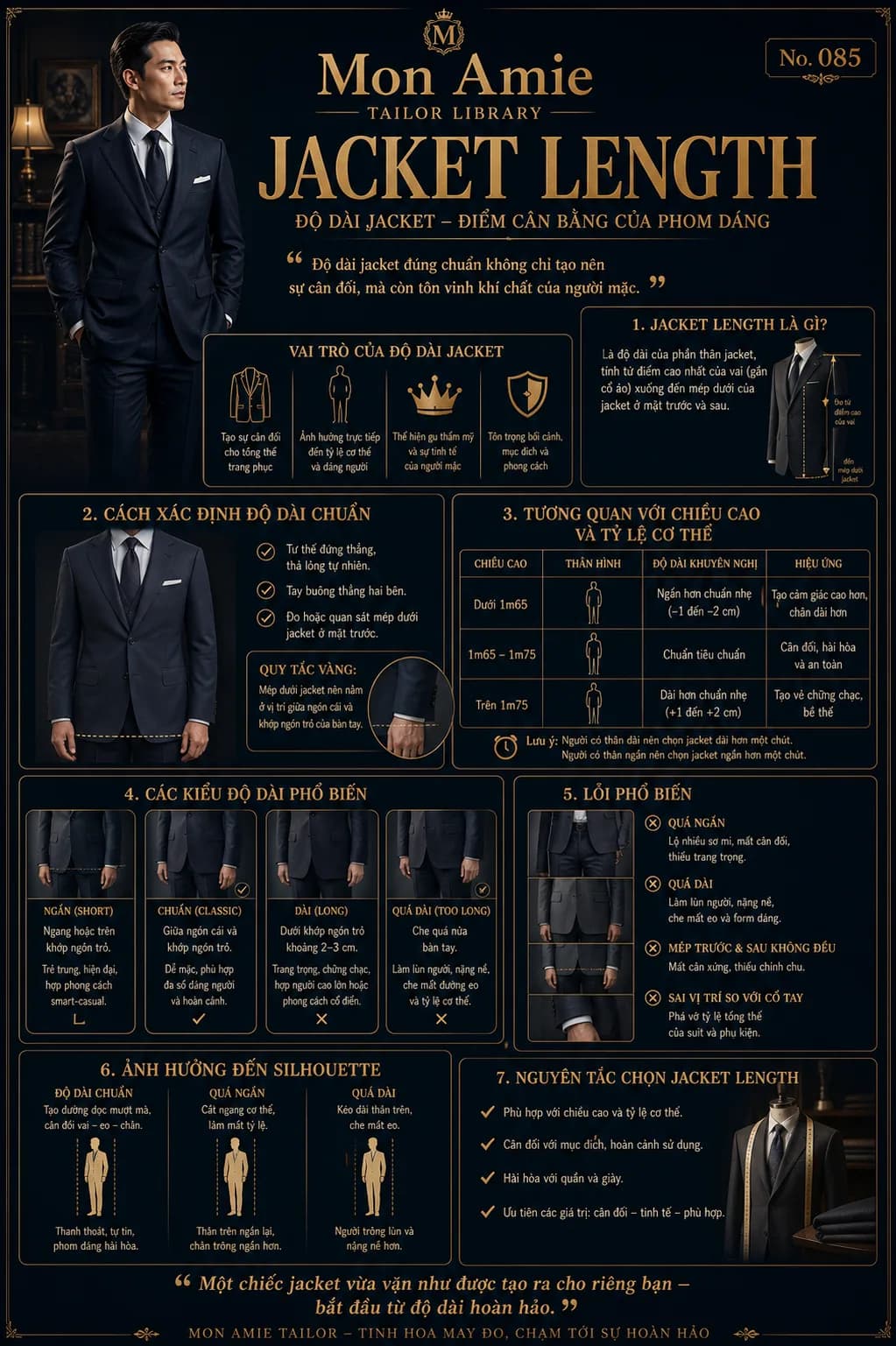 Mon Amie Tailor Library poster No. 85 on Jacket Length: finding the correct suit jacket length, its relation to height and common faults