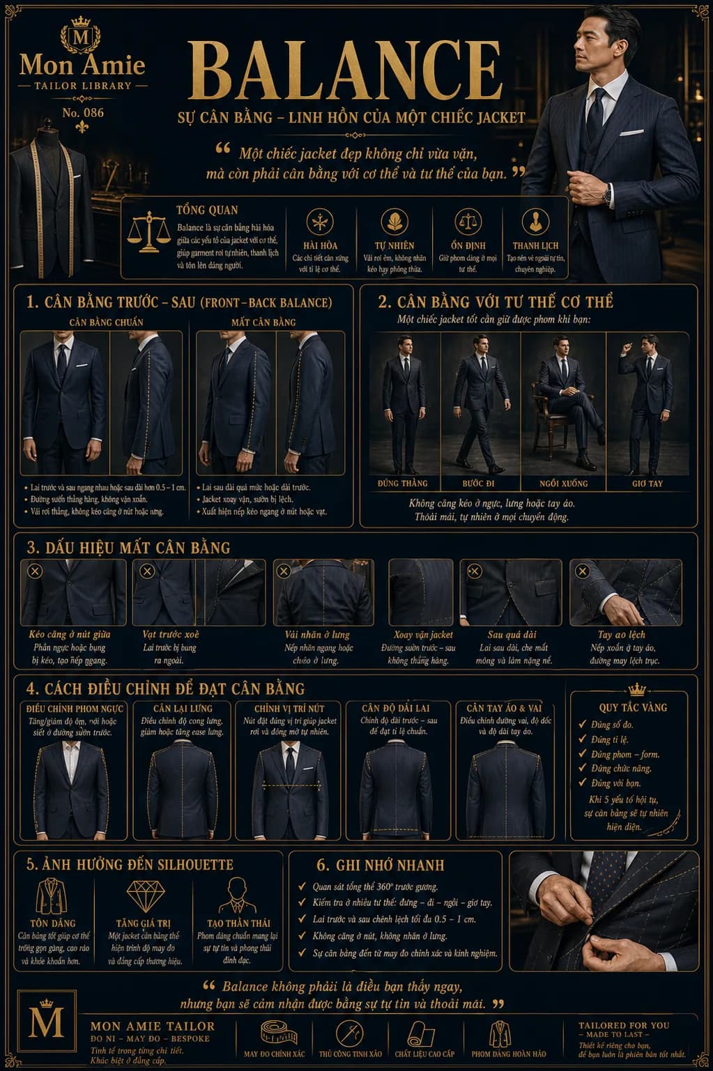 Mon Amie Tailor Library poster No. 86 on Balance: front-to-back harmony, signs of imbalance and how a jacket is corrected