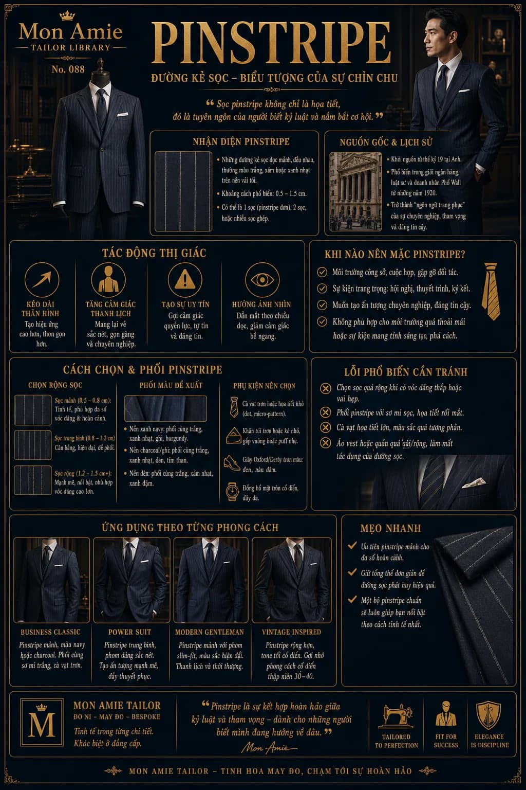 Mon Amie Tailor Library poster No. 88 on Pinstripe: recognising the pattern, its history, and how to choose and wear a striped suit