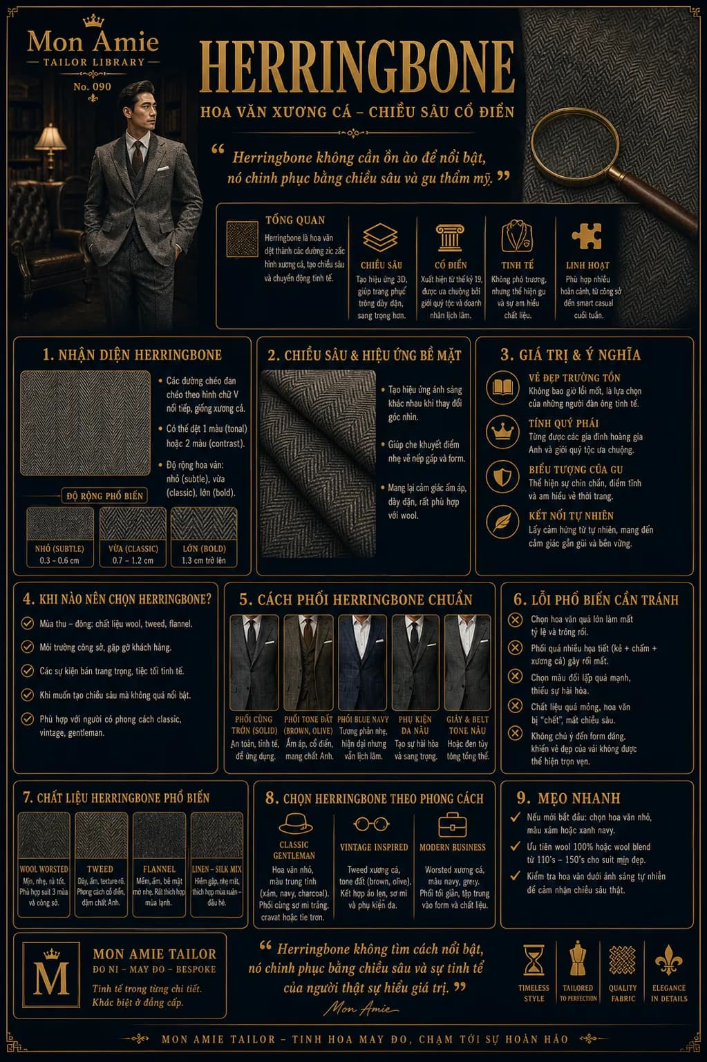 Mon Amie Tailor Library poster No. 90 on Herringbone: recognising the weave, how to wear it and the cloths it appears on