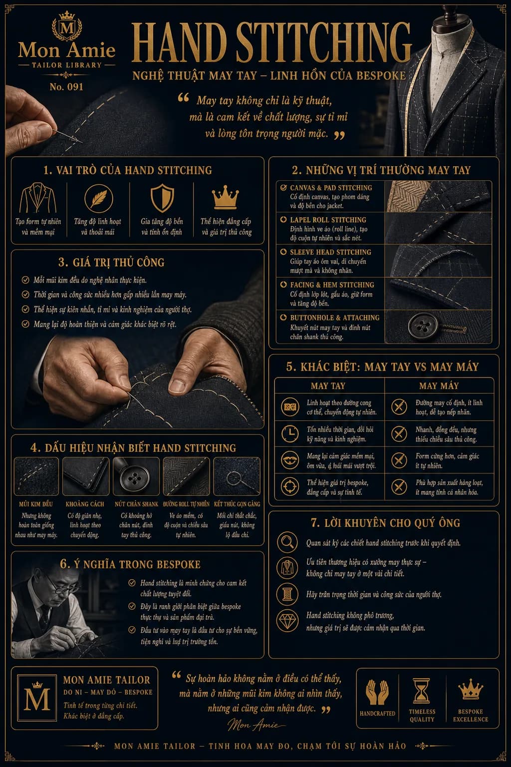 Mon Amie Tailor Library poster No. 91 on hand stitching: the role of handwork, where it appears on a jacket, how to recognise it and how it compares with machine sewing