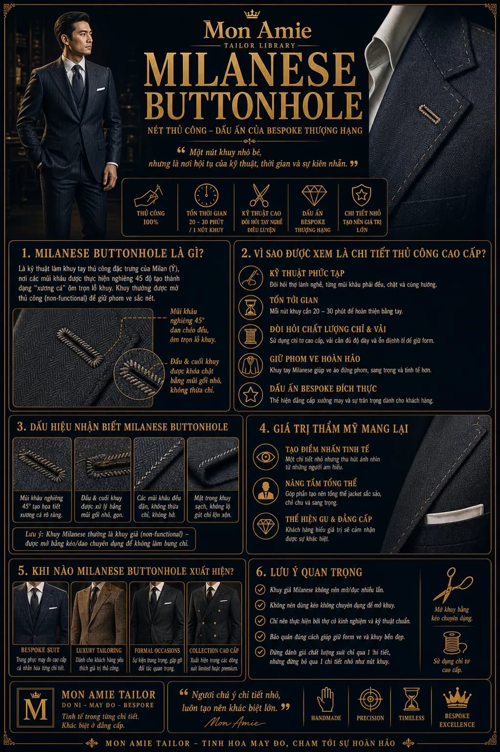 Mon Amie Tailor Library poster No. 92 on the Milanese buttonhole: the Milan hand-sewn technique, how to recognise it and how to care for it