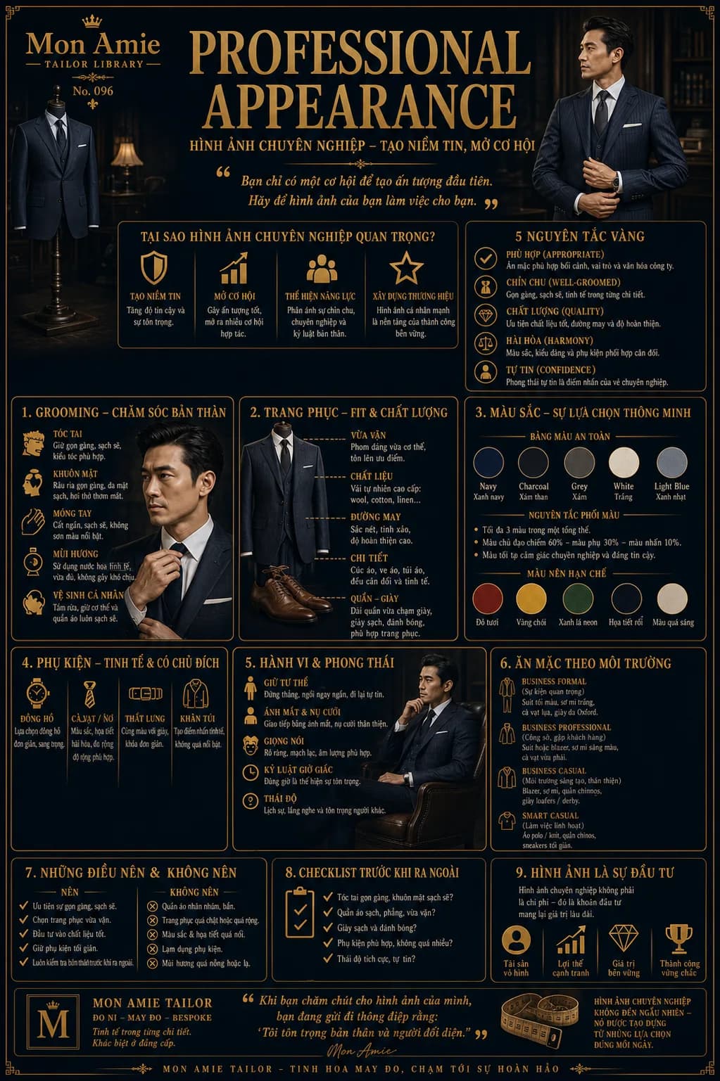 Mon Amie Tailor Library poster No. 96 on Professional Appearance: five golden rules, grooming, clothing, colour and the professional image checklist