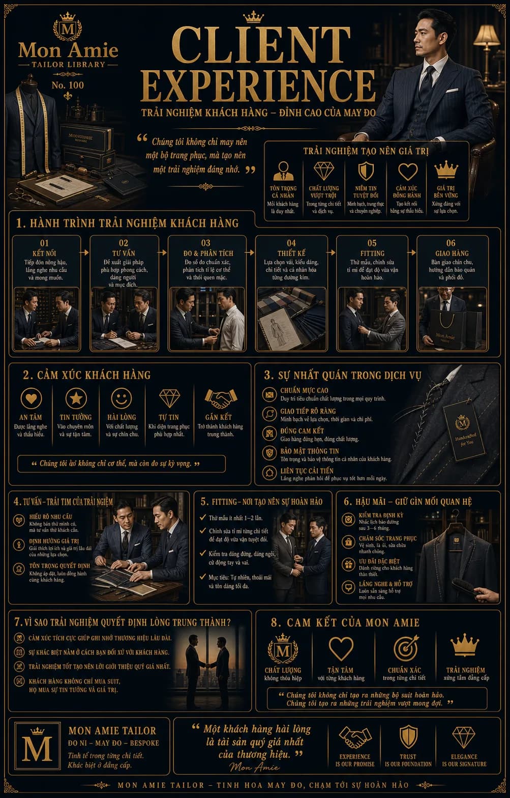 Mon Amie Tailor Library poster No. 100 on Client Experience: the six-step client journey in tailoring