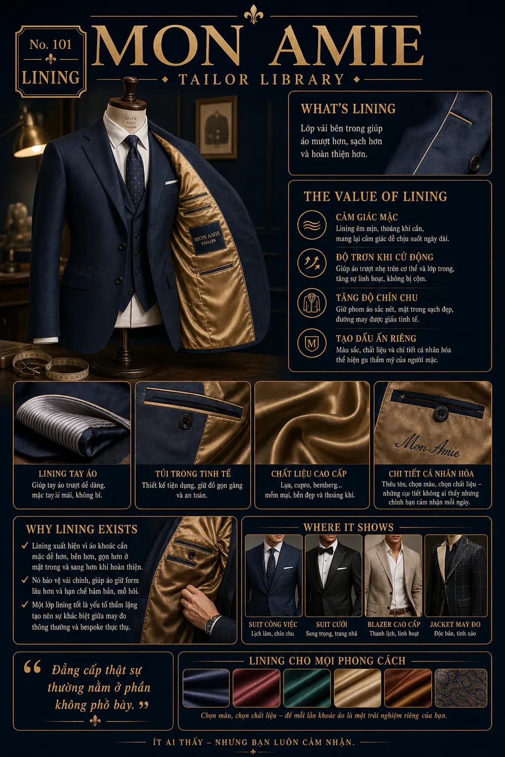 Mon Amie Tailor Library poster No. 101 on Lining v3 fashion-history-why: the value and history of suit lining