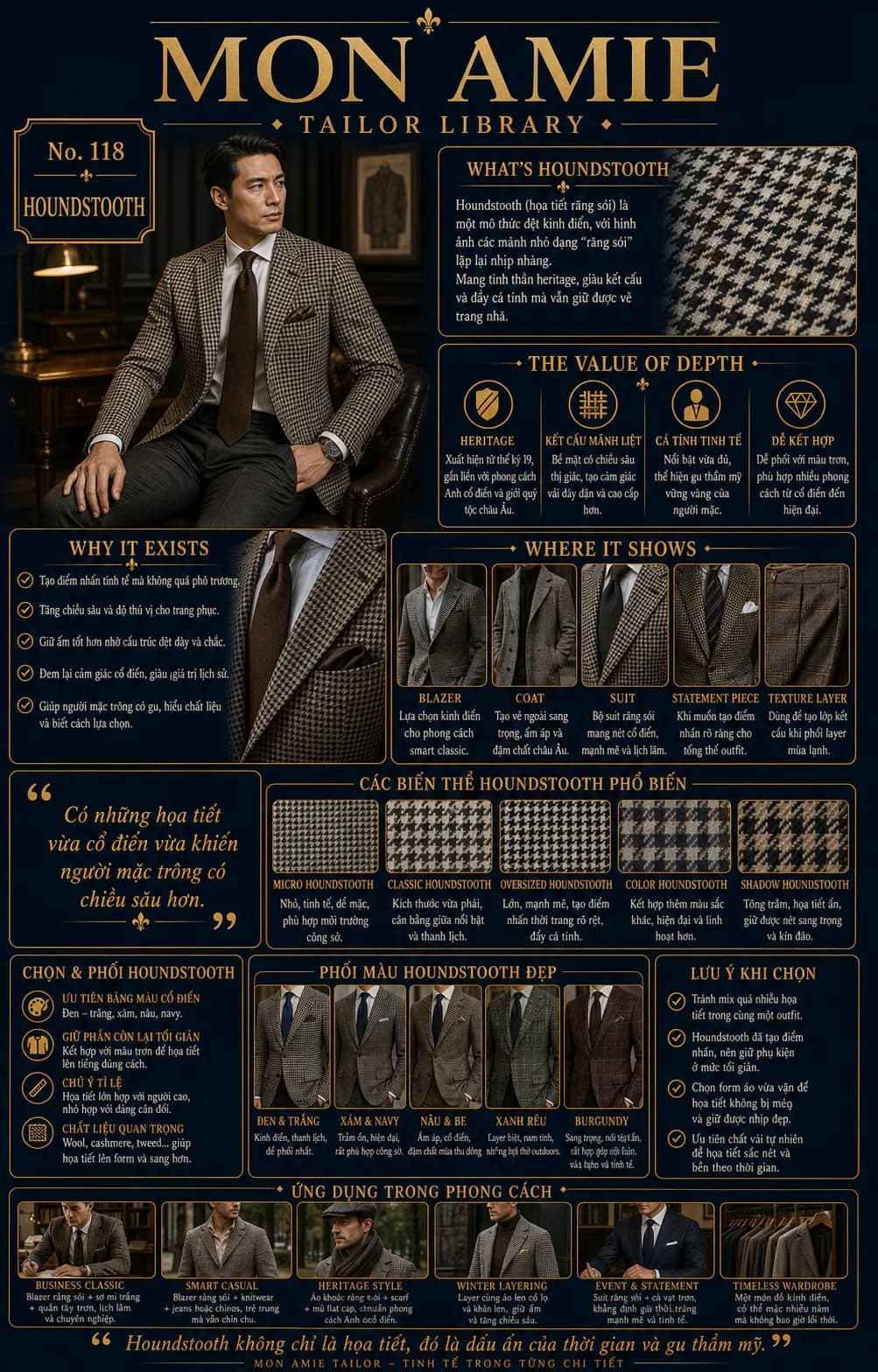 Mon Amie Tailor Library poster No. 118 on Houndstooth: the classic weave, its variants and how to combine colours on a men's suit