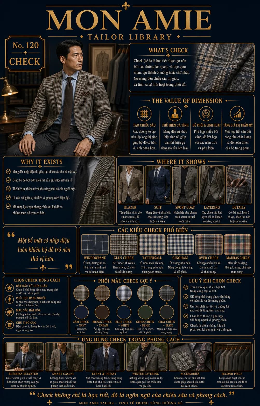 Poster Tailor Library số 120 của Mon Amie về Check: họa tiết kẻ ô, các kiểu check phổ biến và cách phối