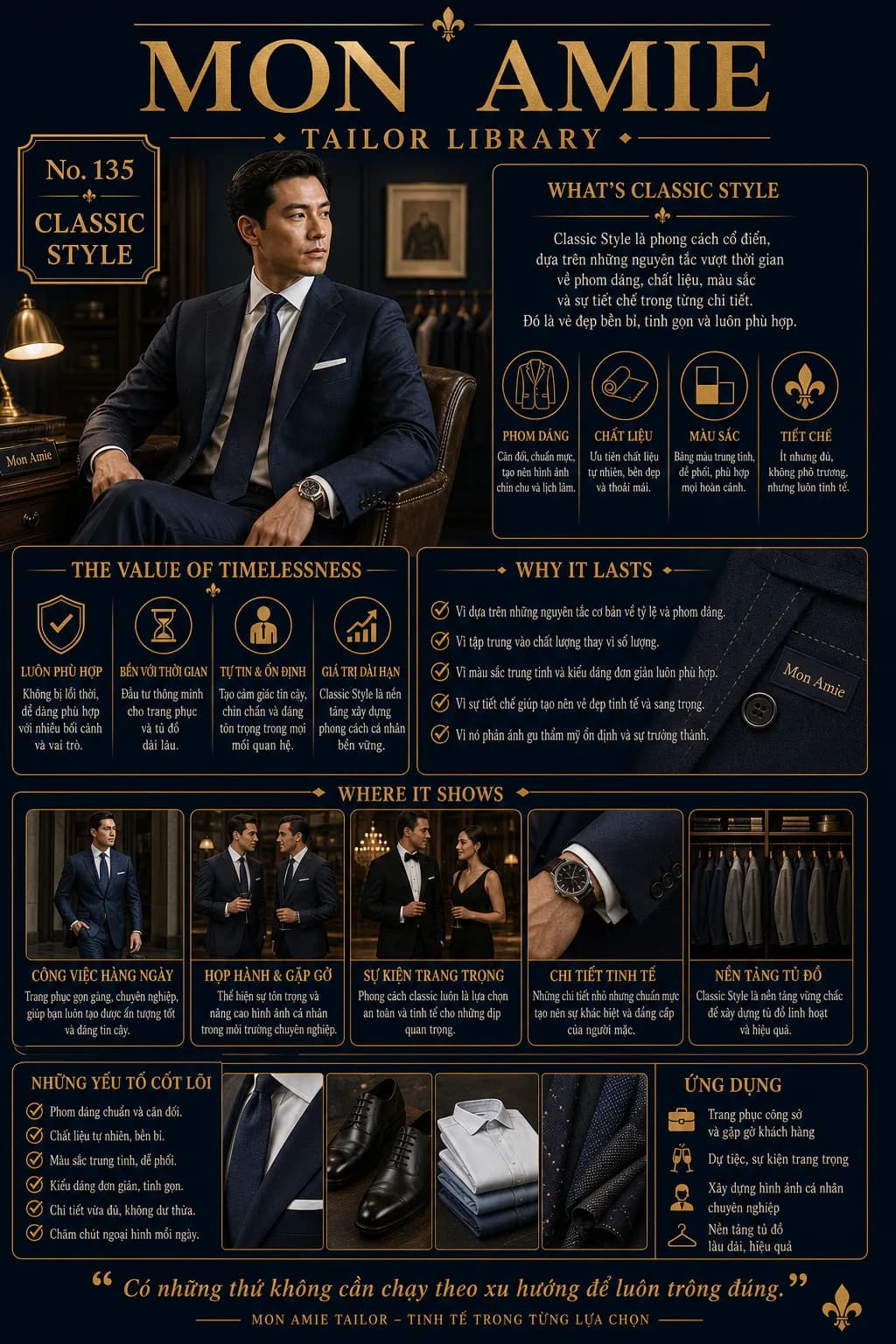Poster Tailor Library số 135 của Mon Amie về Classic Style: quý ông mặc suit navy cổ điển trong showroom