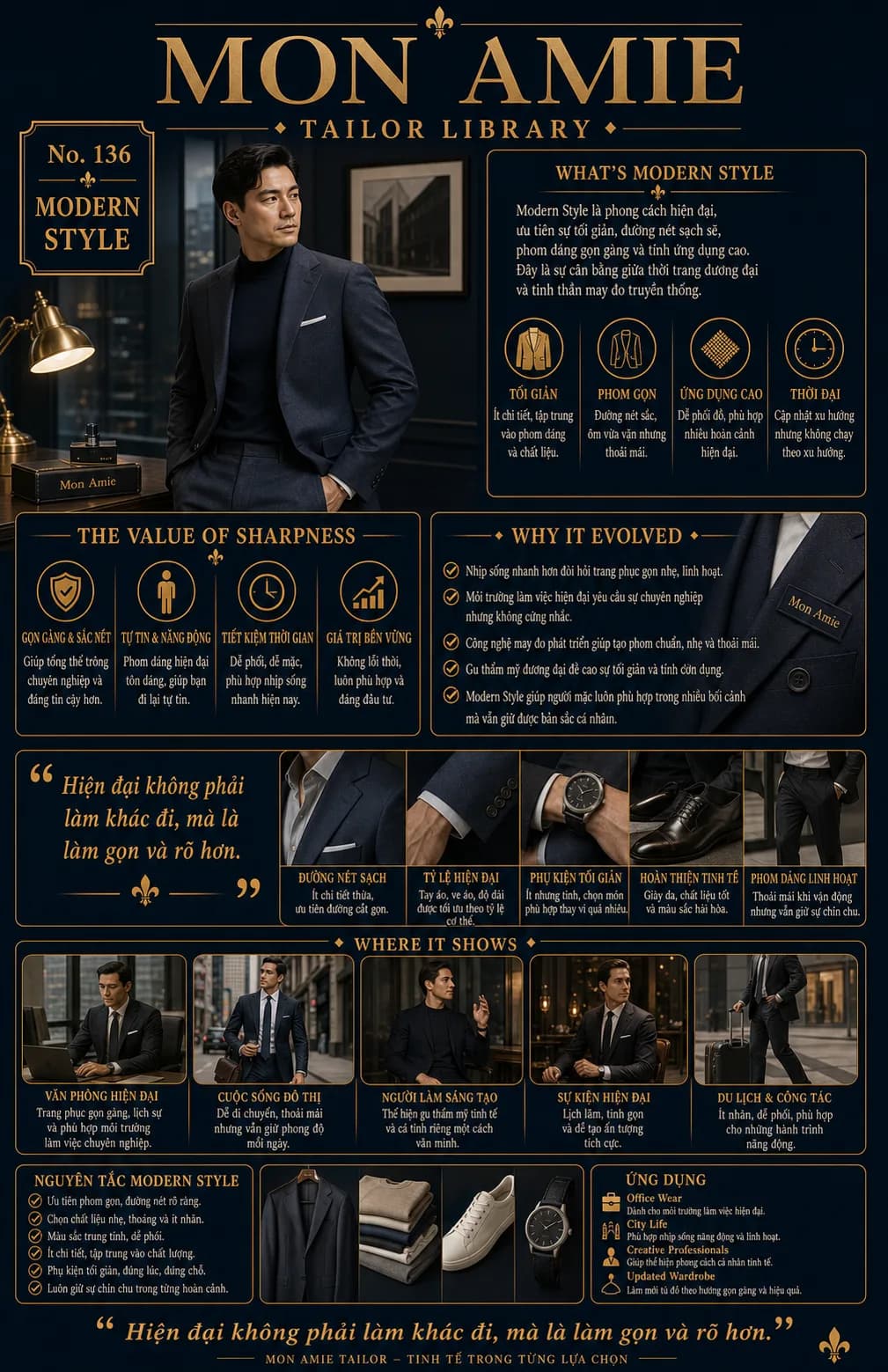 Poster Tailor Library số 136 của Mon Amie về Modern Style: quý ông phối blazer với áo cổ lọ trong văn phòng hiện đại