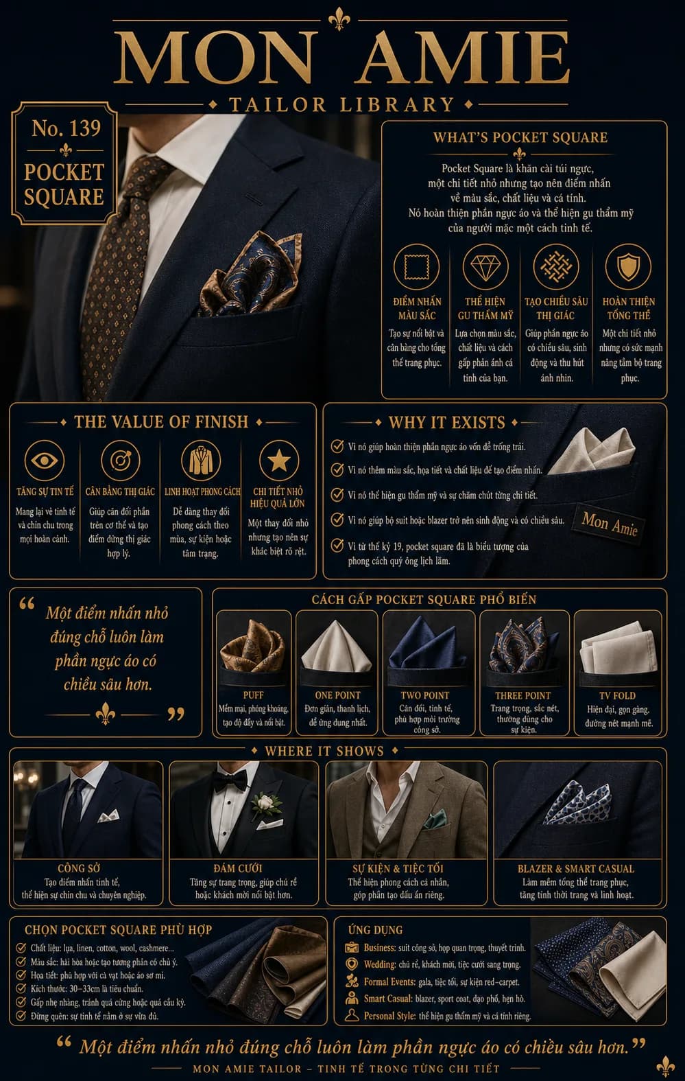 Poster Tailor Library số 139 của Mon Amie về pocket square: khăn cài túi ngực, các kiểu gấp và cách phối