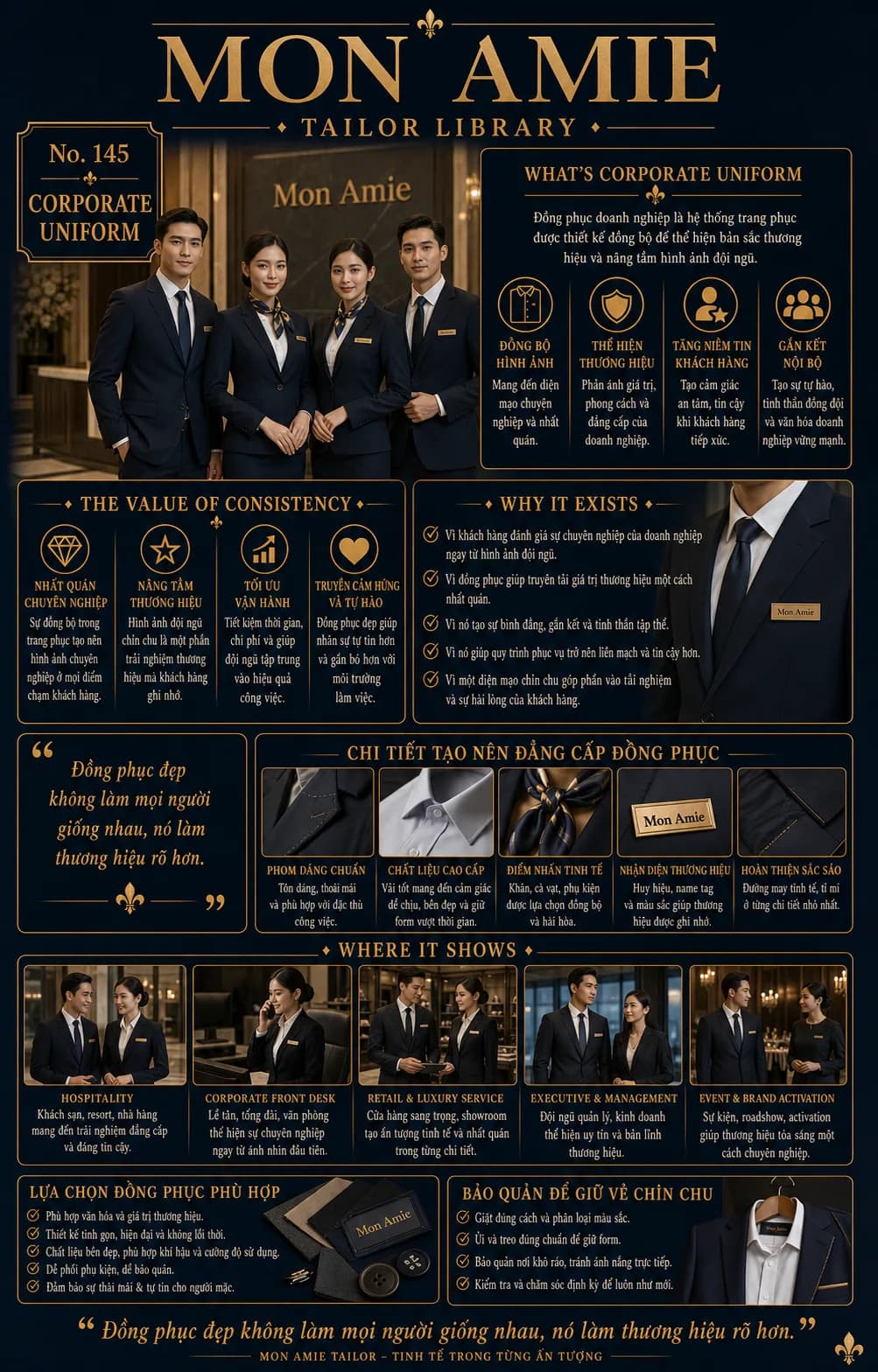 Poster Tailor Library số 145 của Mon Amie về corporate uniform: giá trị đồng phục doanh nghiệp và chi tiết tạo nên đẳng cấp