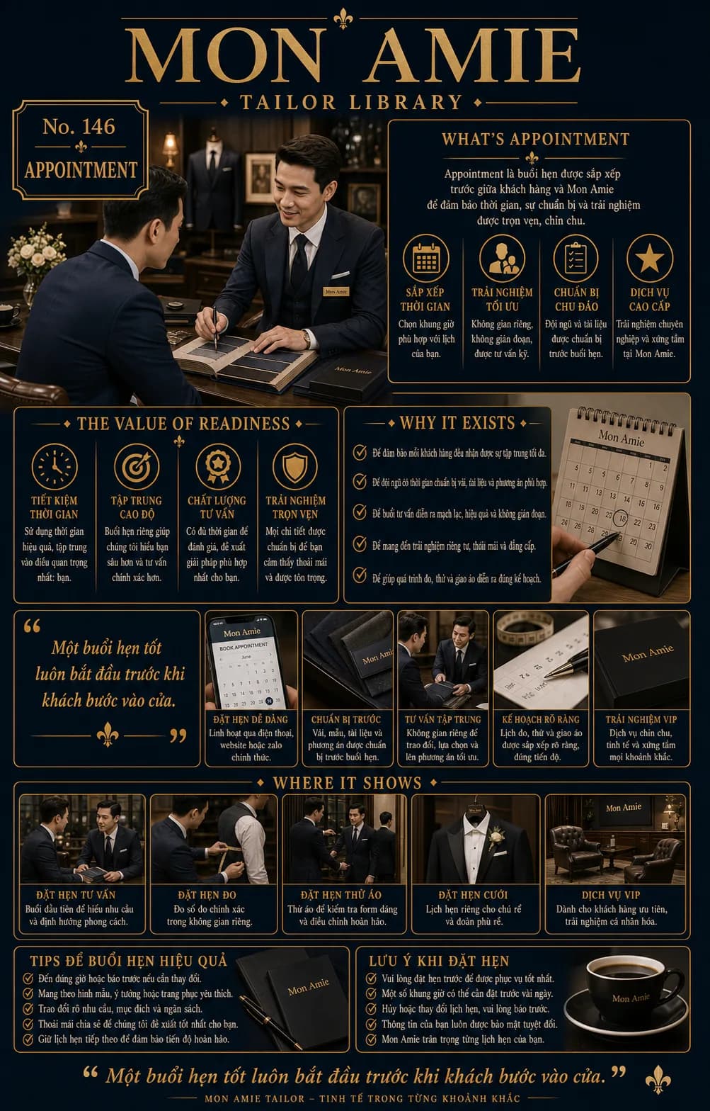 Mon Amie Tailor Library poster No. 146 on the tailoring appointment: an artisan presenting cloth to a client during a private showroom session