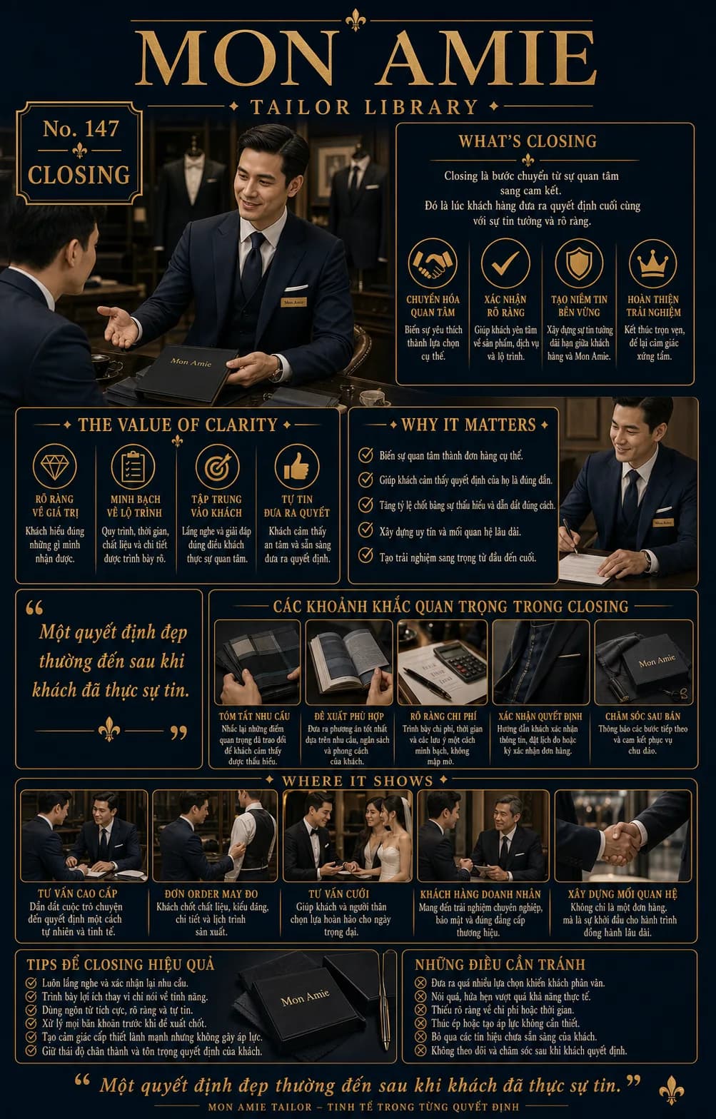 Mon Amie Tailor Library poster No. 147 on closing: an artisan consultant handing a cloth book to a client in the showroom