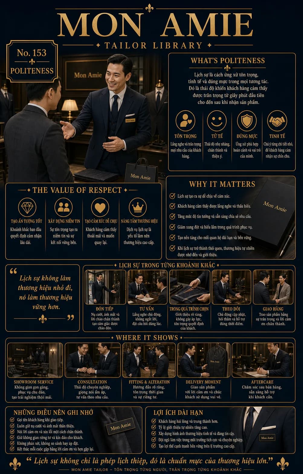 Mon Amie Tailor Library poster No. 153 on Politeness: courteous conduct towards clients at the tailoring house