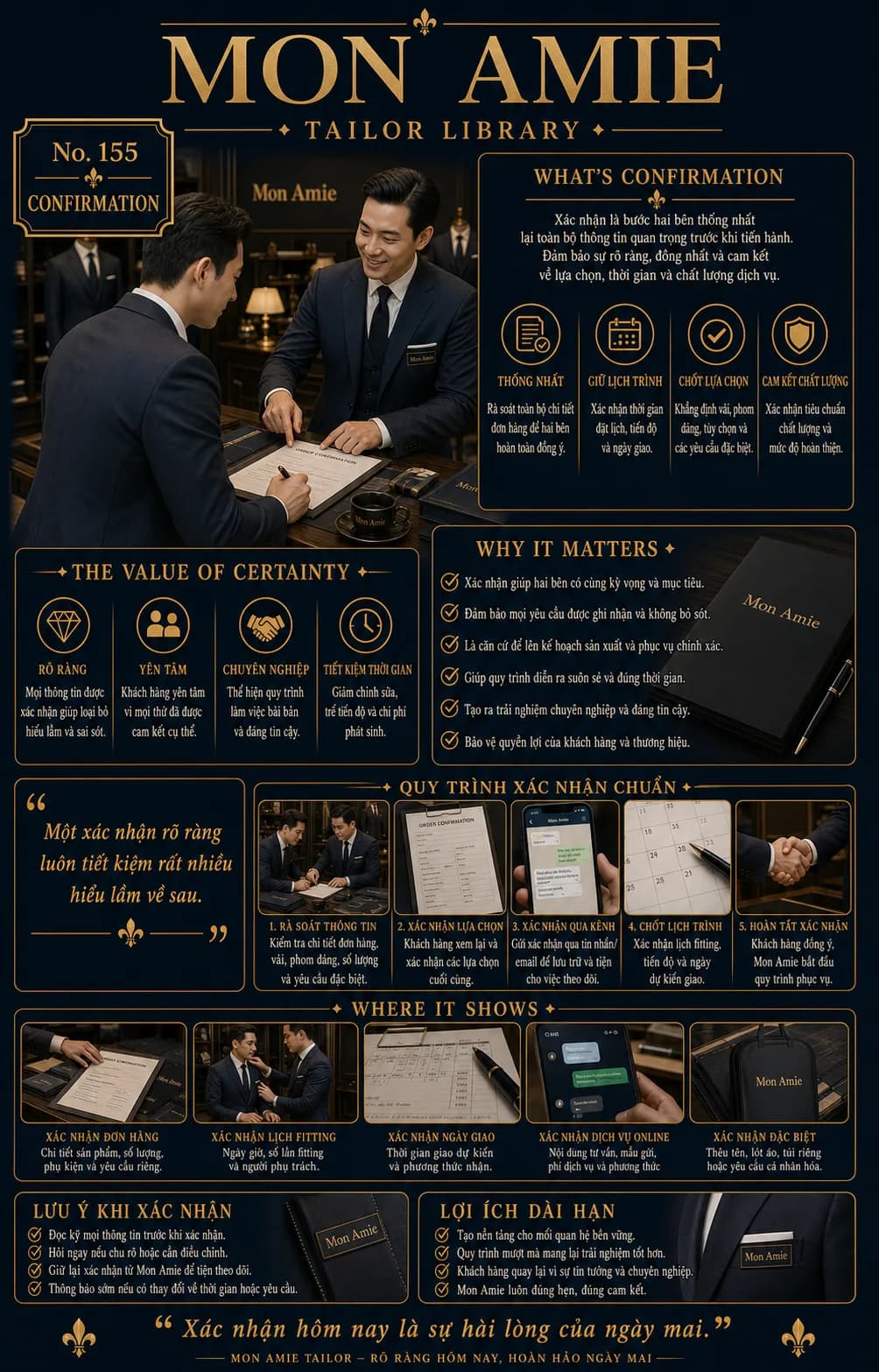 Poster Tailor Library số 155 của Mon Amie về Confirmation: nghệ nhân cùng khách rà soát và ký xác nhận đơn hàng may đo