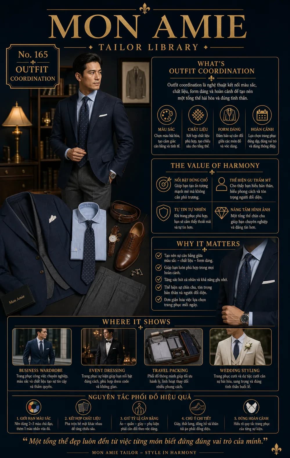 Poster Tailor Library số 165 của Mon Amie về Outfit Coordination: suit navy phối sơ mi xanh nhạt, cà vạt chấm bi và giày da nâu