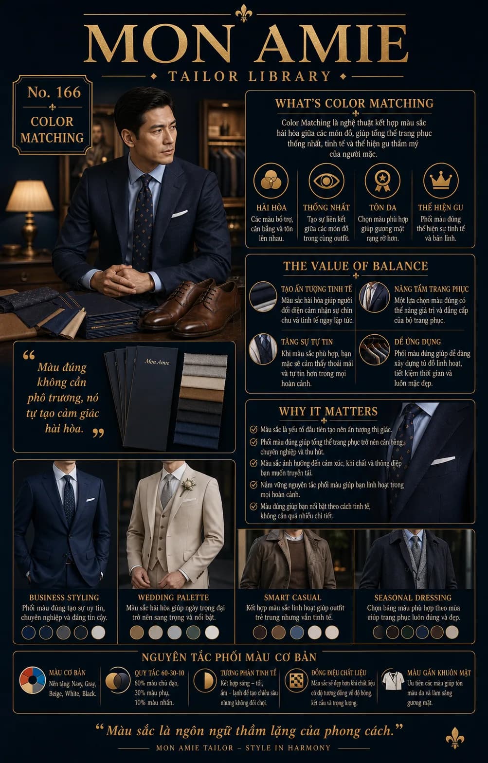 Mon Amie Tailor Library poster No. 166 on Color Matching: a gentleman in a navy suit beside fabric swatches and brown leather shoes