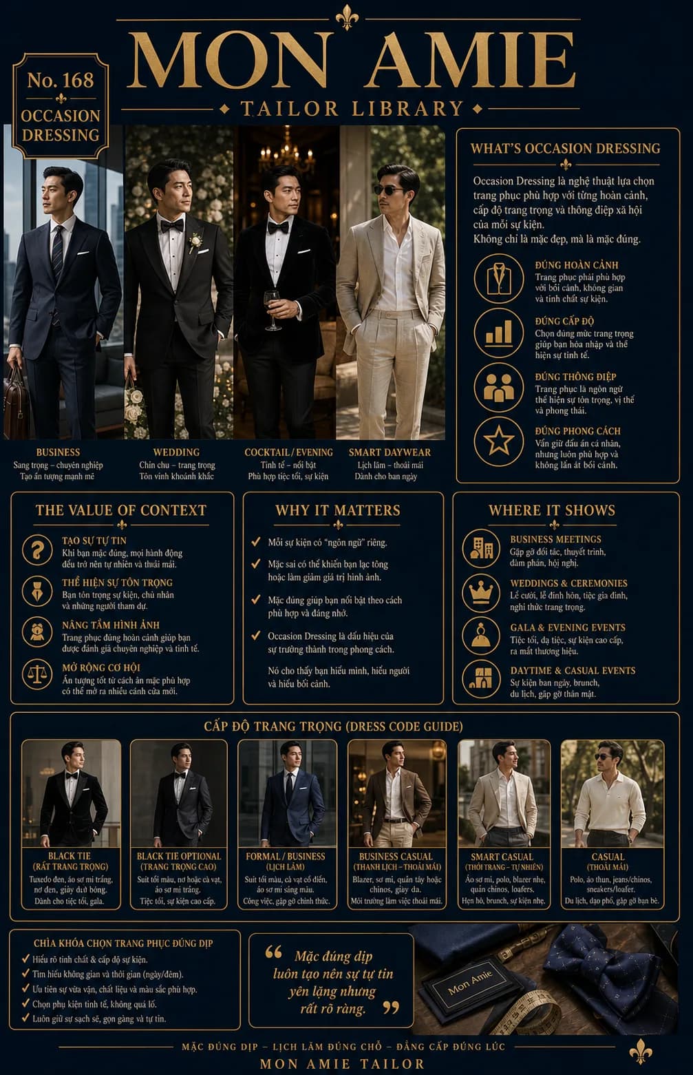 Poster Tailor Library số 168 của Mon Amie về Occasion Dressing: bốn hoàn cảnh mặc suit và thang cấp độ dress code